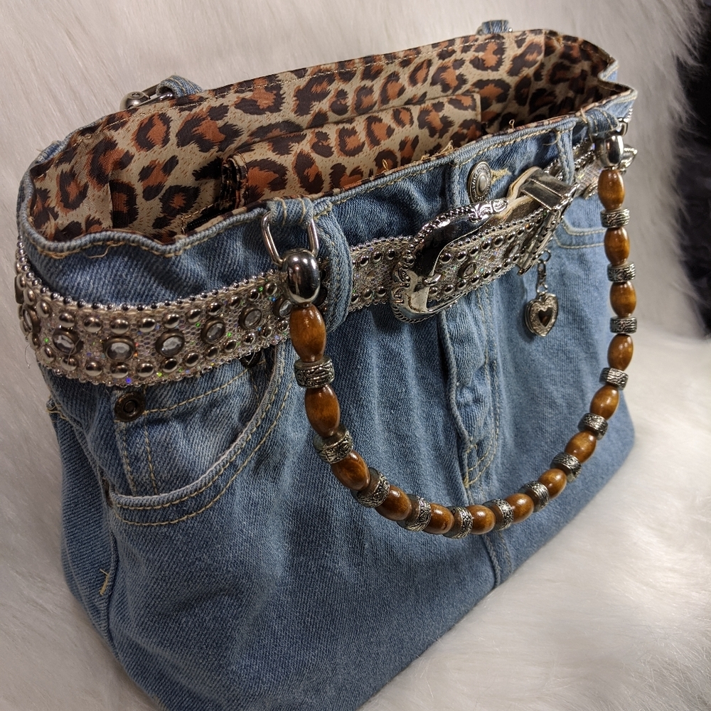 Jeans purse, wooden handles, leopard print inside